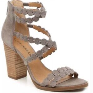Lucky Brand Gray Suede Floral Strap Block Heel Sandals Size 9.5